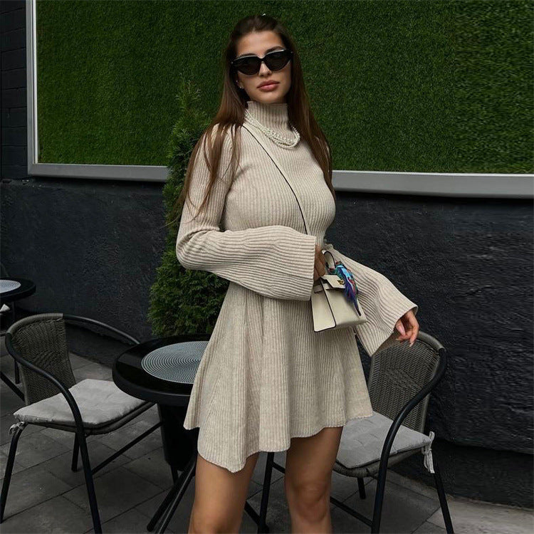 Long Sleeve Knitted Turtleneck Dress Solid Color A line Autumn Winter Hip Wrapped Short Dress