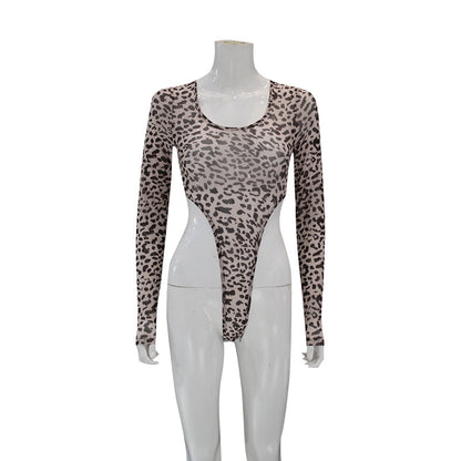 Mesh Leopard Print Skinny Hollow Out Bodysuit