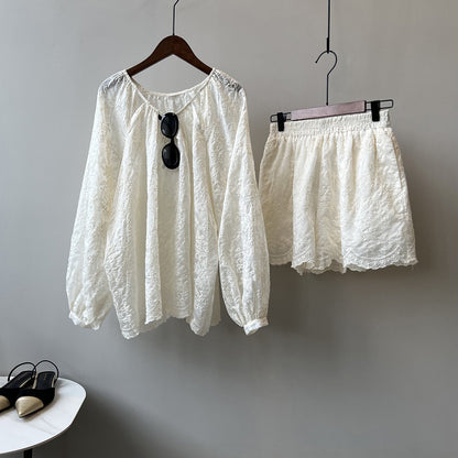 Women Summer Elegant Embroidery Top Shorts Outfit