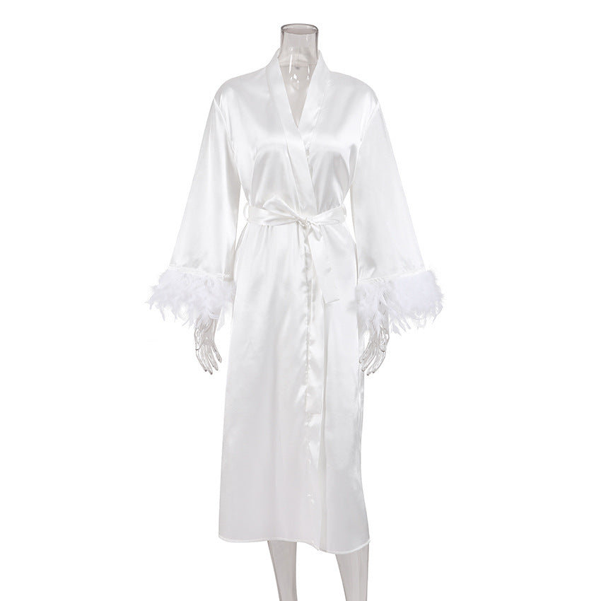 Women's White Lace-Up Ice Silk Nightgown
