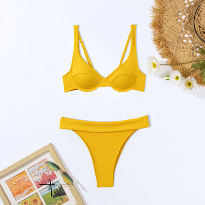 Solid Color Steel Support Bikini - Sexy Split Swimsuit for Boho Vacation