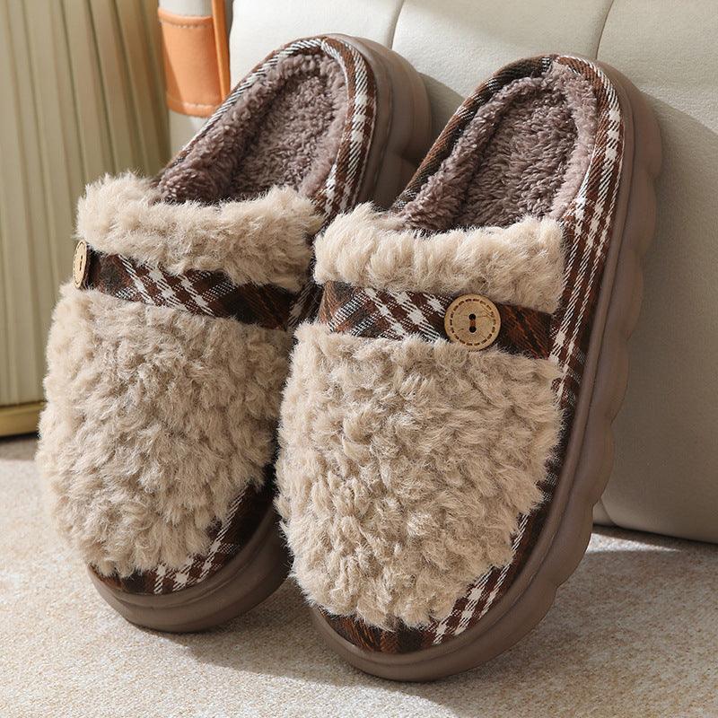 Winter Plush Slippers With Bow Button Design Indoor Non-slip Thick-soled Fur Home Slipper Fluffy Slides Household Warm Hose Shoes For Women - ForVanity SLIPPERS