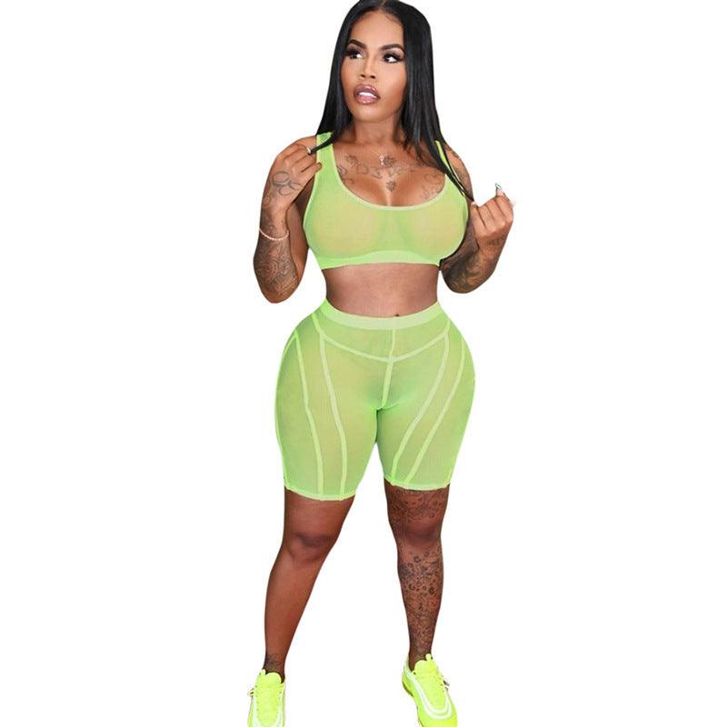 Women Summer Mesh Solid Color Shorts Outfit - ForVanity 