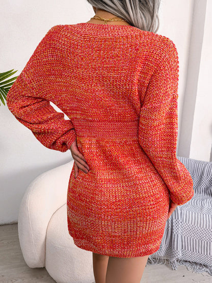 Chic V-Neck Woolen Sweater Dress - Autumn/Winter Elegance with Defined Waist