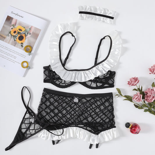 Sheer Mesh Home Maid Costume Three-Piece Set