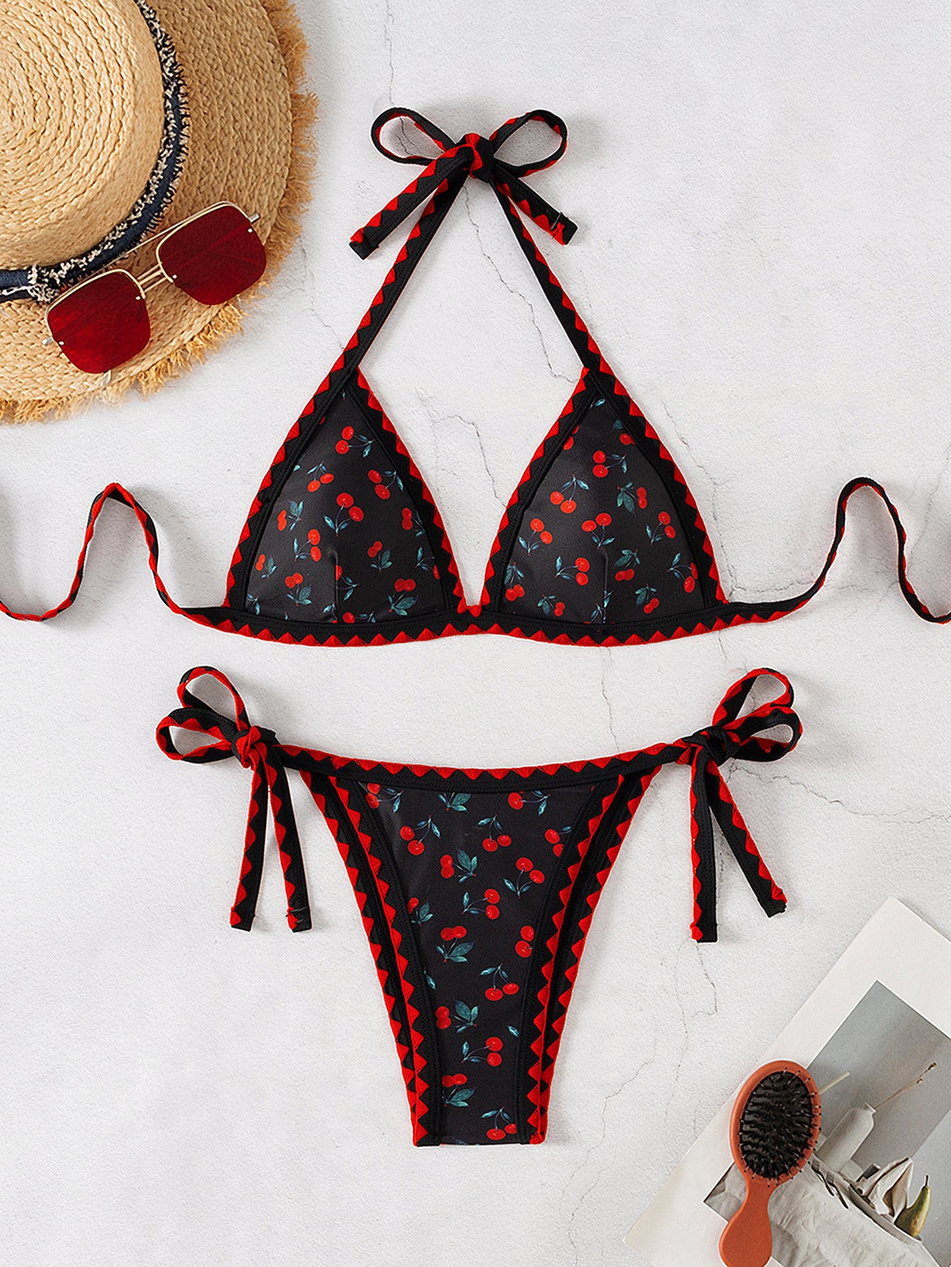 Split Cherry Print Bikini Swimsuit