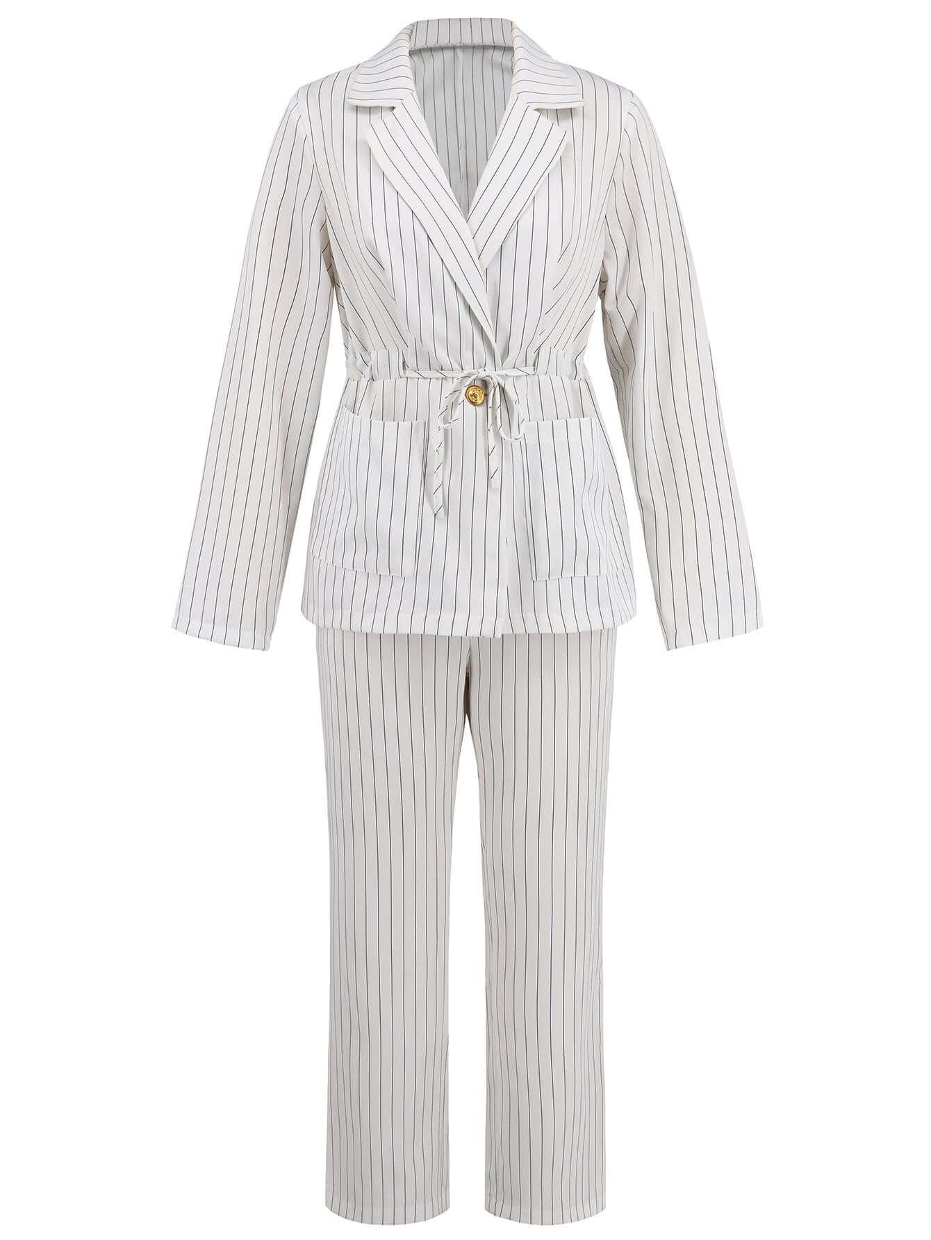 Women’s Striped Blazer & Straight Leg Trousers - Office Two-Piece Set - ForVanity women's clothing, women's outfits, women's suits Pant Suits