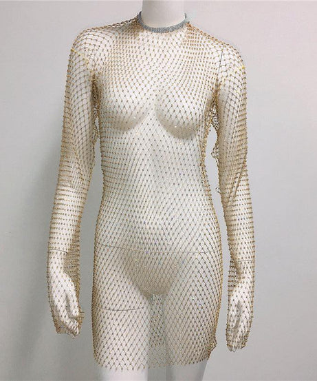 Grid Rhinestone Fishnet Fishnet Beach Dress - ForVanity dress, Vacation Dress Vacation Dress