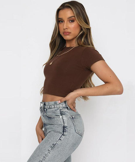 Slim Fit Round Neck Cropped Top for Women - ForVanity women's clothing, women's tops & tees Tops & Tees