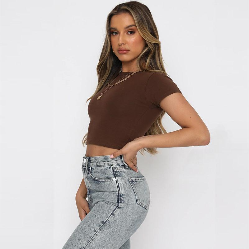 Slim Fit Round Neck Cropped Top for Women - ForVanity women's clothing, women's tops & tees Tops & Tees