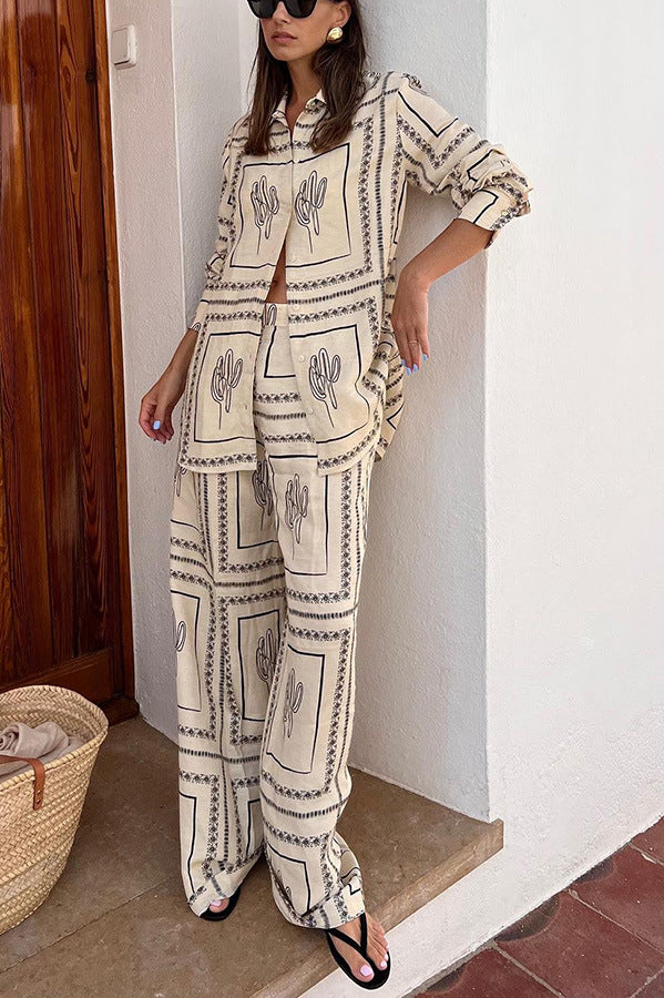 Printed Long Sleeved Shirt Trousers Two Piece Outfit