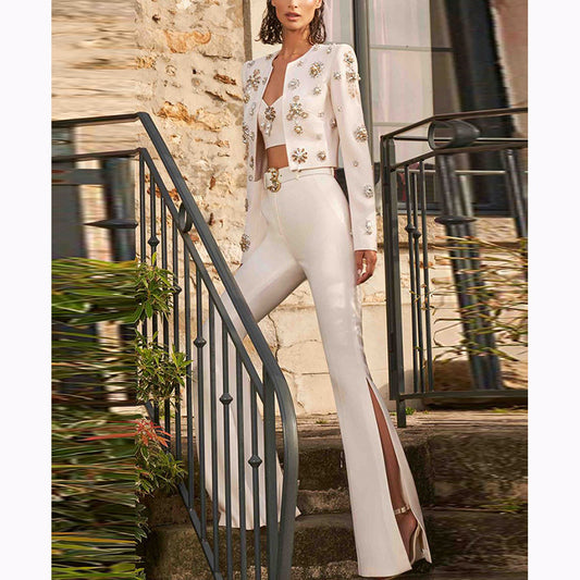 Women’s Split Flared Pants Blazer Suit - Beading, Rhinestone Detailing - ForVanity women's clothing, women's outfits, women's suits Pant Suits