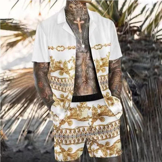 Men's Digital Printed Beach Outfit - Short Sleeve Top with Matching Shorts - ForVanity Beachwear, men's clothing, men's outfits, short outfit, Summer Men's Outfit