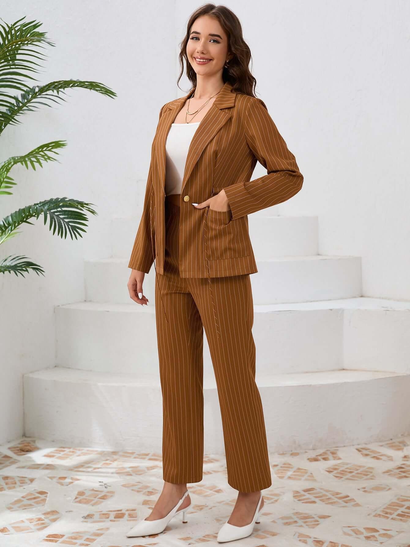 Women’s Striped Blazer & Straight Leg Trousers - Office Two-Piece Set - ForVanity women's clothing, women's outfits, women's suits Pant Suits