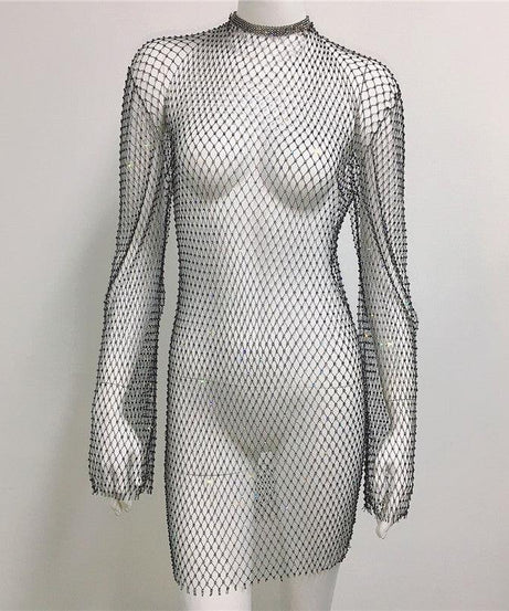 Grid Rhinestone Fishnet Fishnet Beach Dress - ForVanity dress, Vacation Dress Vacation Dress