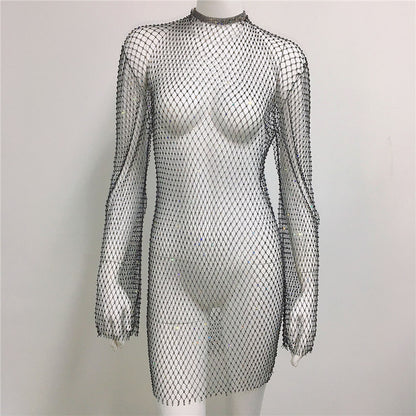 Grid Rhinestone Fishnet Fishnet Beach Dress