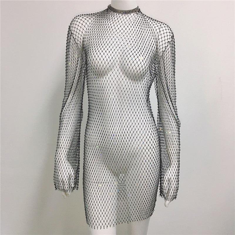 Grid Rhinestone Fishnet Fishnet Beach Dress - ForVanity dress, Vacation Dress Vacation Dress