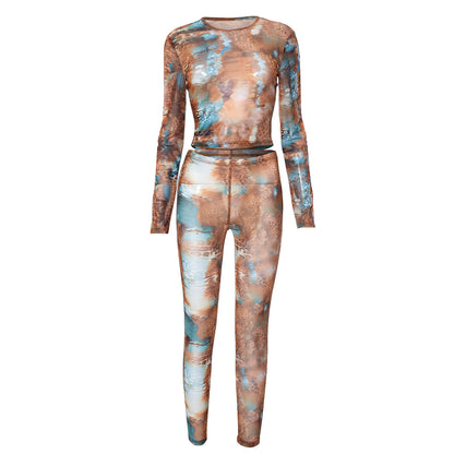 Women’s Mesh Printed Top & Tight Trousers - Two-Piece Suit - ForVanity pant outfit, women's outfits Pants Outfits