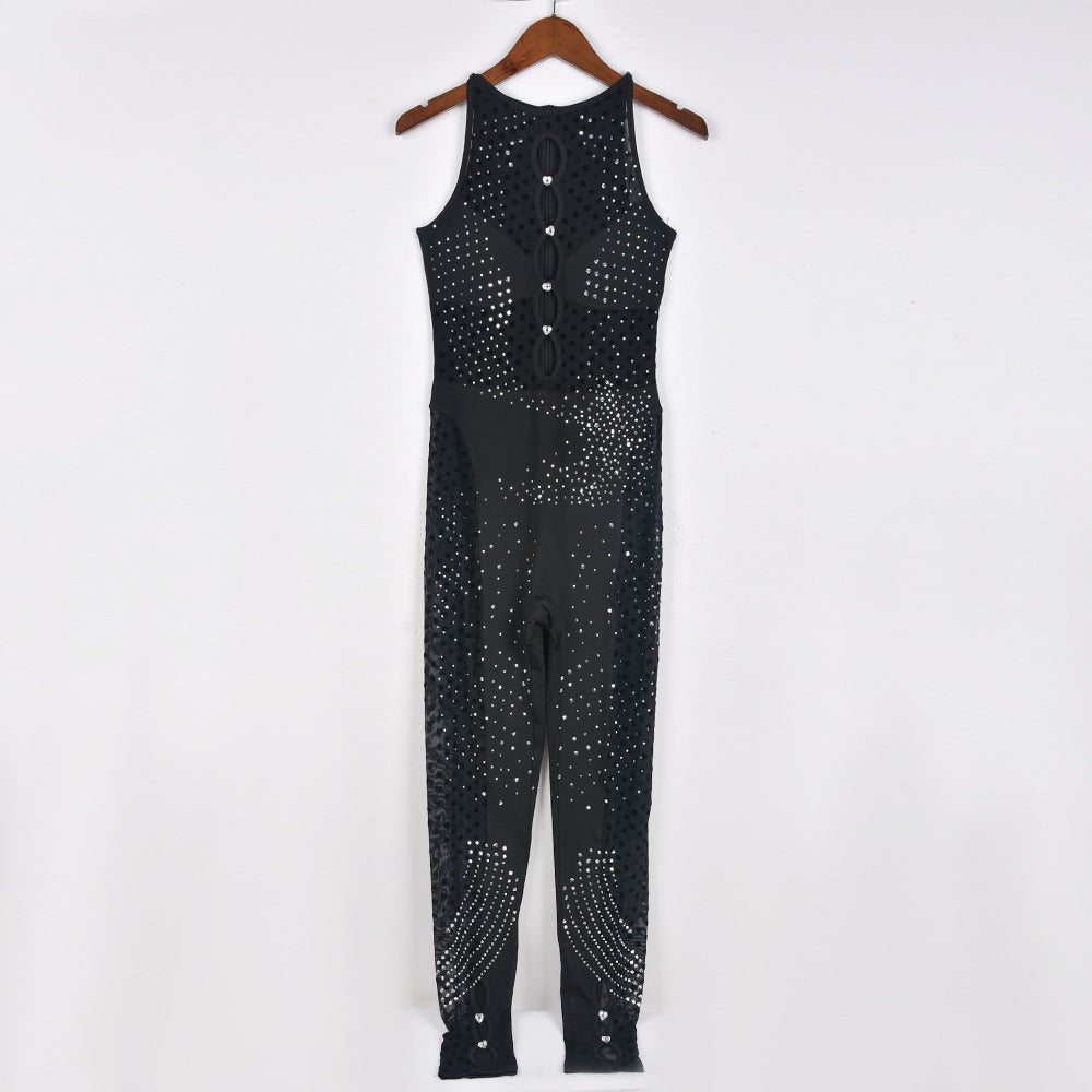 Sleeveless Mesh Cutout Rhinestone Jumpsuit - Slim Fit Style