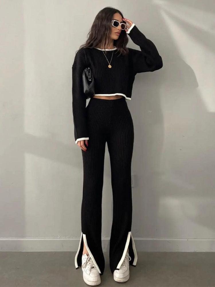 Autumn Winter Knitting Trousers Set round Neck Long Sleeve Short Sweater Color Contrast Patchwork Slit Knitted Two Piece Set for Women - ForVanity 