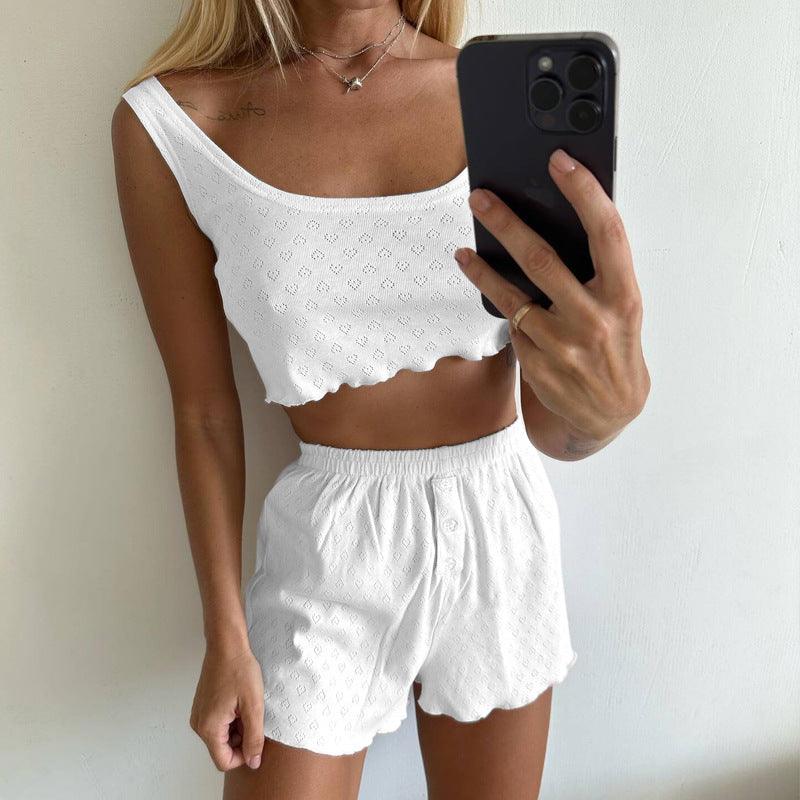 Summer Casual Women Solid Color Hollow Out Shorts Outfit - ForVanity 