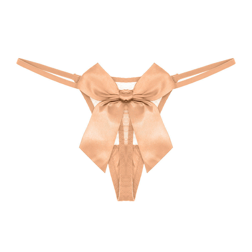 Silk Mesh Transparent T-Shaped Thongs with Bow Accent