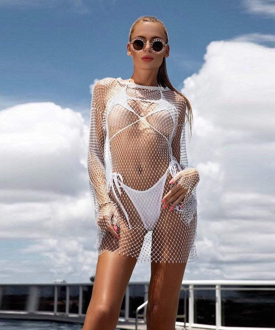 Grid Rhinestone Fishnet Fishnet Beach Dress - ForVanity dress, Vacation Dress Vacation Dress