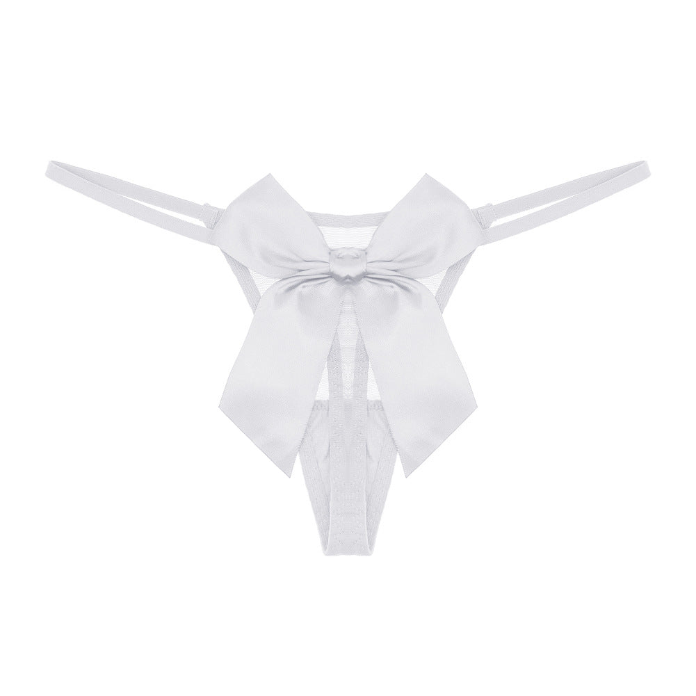 Silk Mesh Transparent T-Shaped Thongs with Bow Accent - ForVanity underwear, women's lingerie Thongs