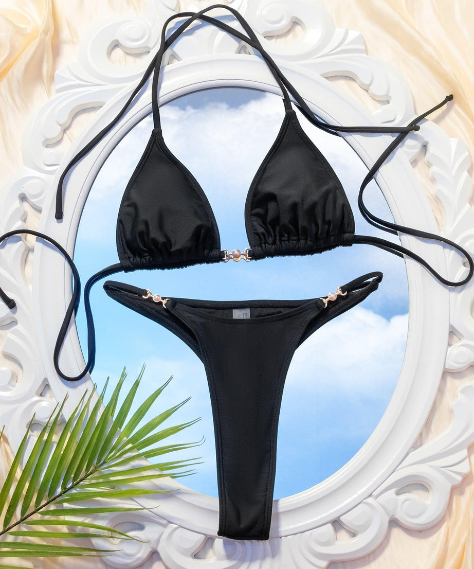 Triangle Lace Up Pearl Bikini Split Swimsuit - ForVanity women's lingerie, women's swimwear Swimwear