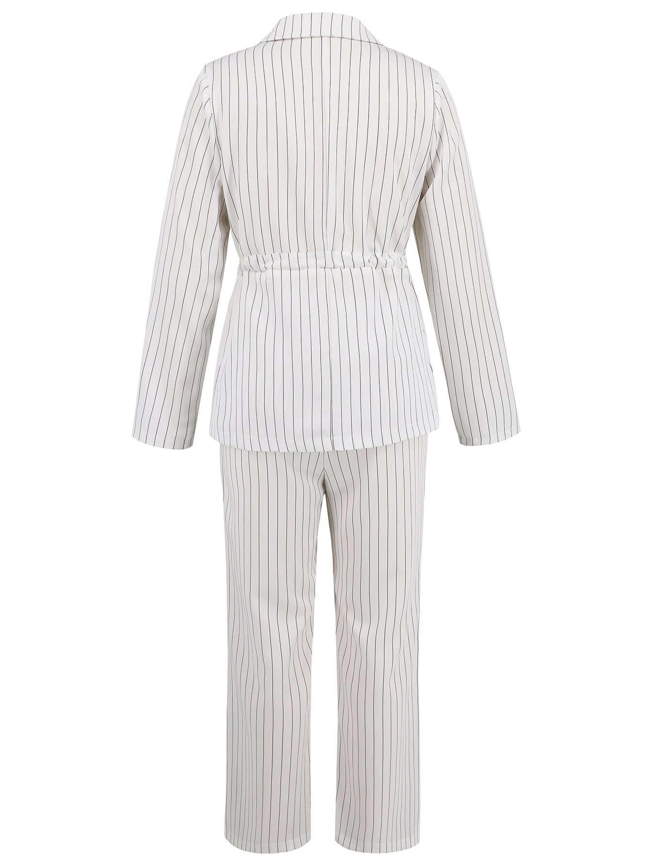 Women’s Striped Blazer & Straight Leg Trousers - Office Two-Piece Set - ForVanity women's clothing, women's outfits, women's suits Pant Suits