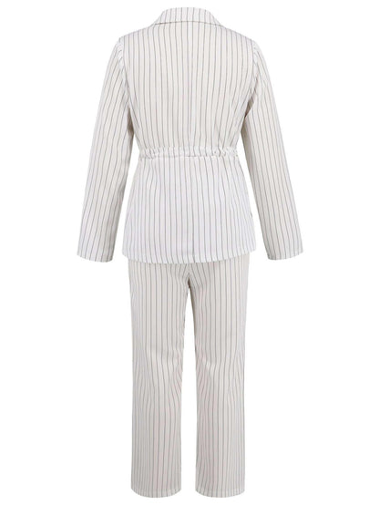 Women’s Striped Blazer & Straight Leg Trousers - Office Two-Piece Set - ForVanity women's clothing, women's outfits, women's suits Pant Suits