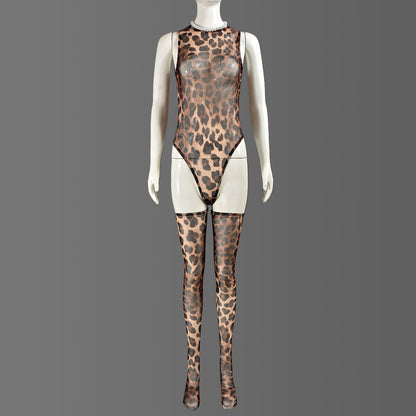 Leopard Print One Piece Lingerie Sheer Mesh Body Stockings
