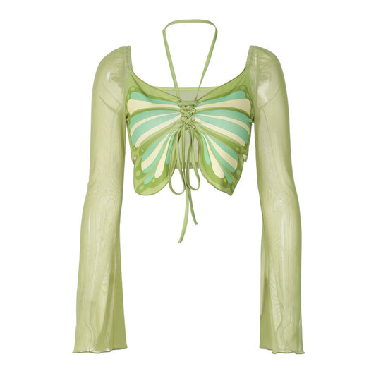 Butterfly Lace-Up Crop Top - Green Mesh - ForVanity women's clothing, women's tops & tees Tops & Tees