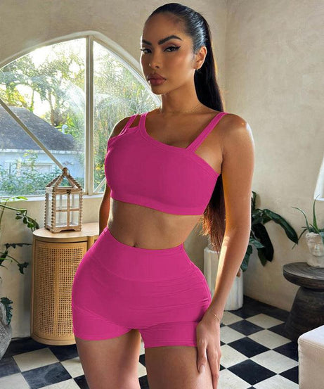 Women Summer Solid Color Sling Slim Fit Fitness Shorts Outfit - ForVanity 