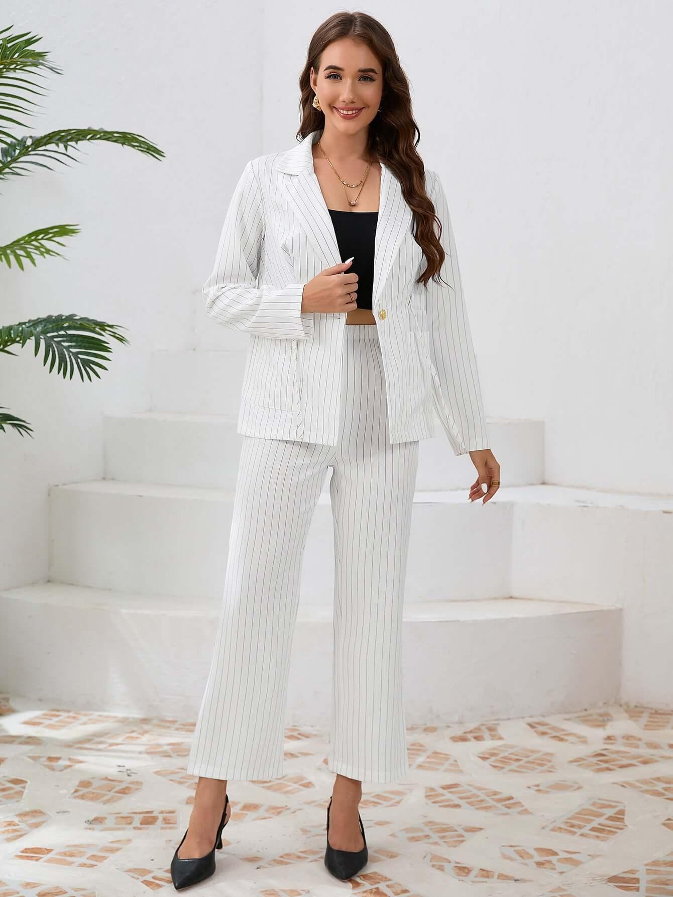 Women’s Striped Blazer & Straight Leg Trousers - Office Two-Piece Set - ForVanity women's clothing, women's outfits, women's suits Pant Suits