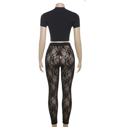 Summer Women Cropped Tied Top See Through Lace Pants Outfit