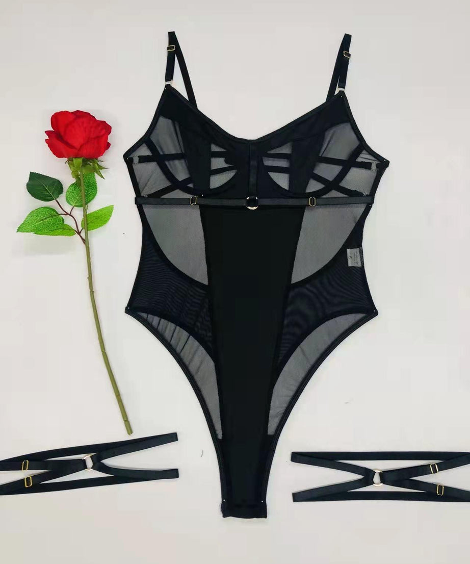 Mesh Stitched Backless Bodysuit - Sleeveless Cutout Design - ForVanity teddy, women's lingerie Teddy