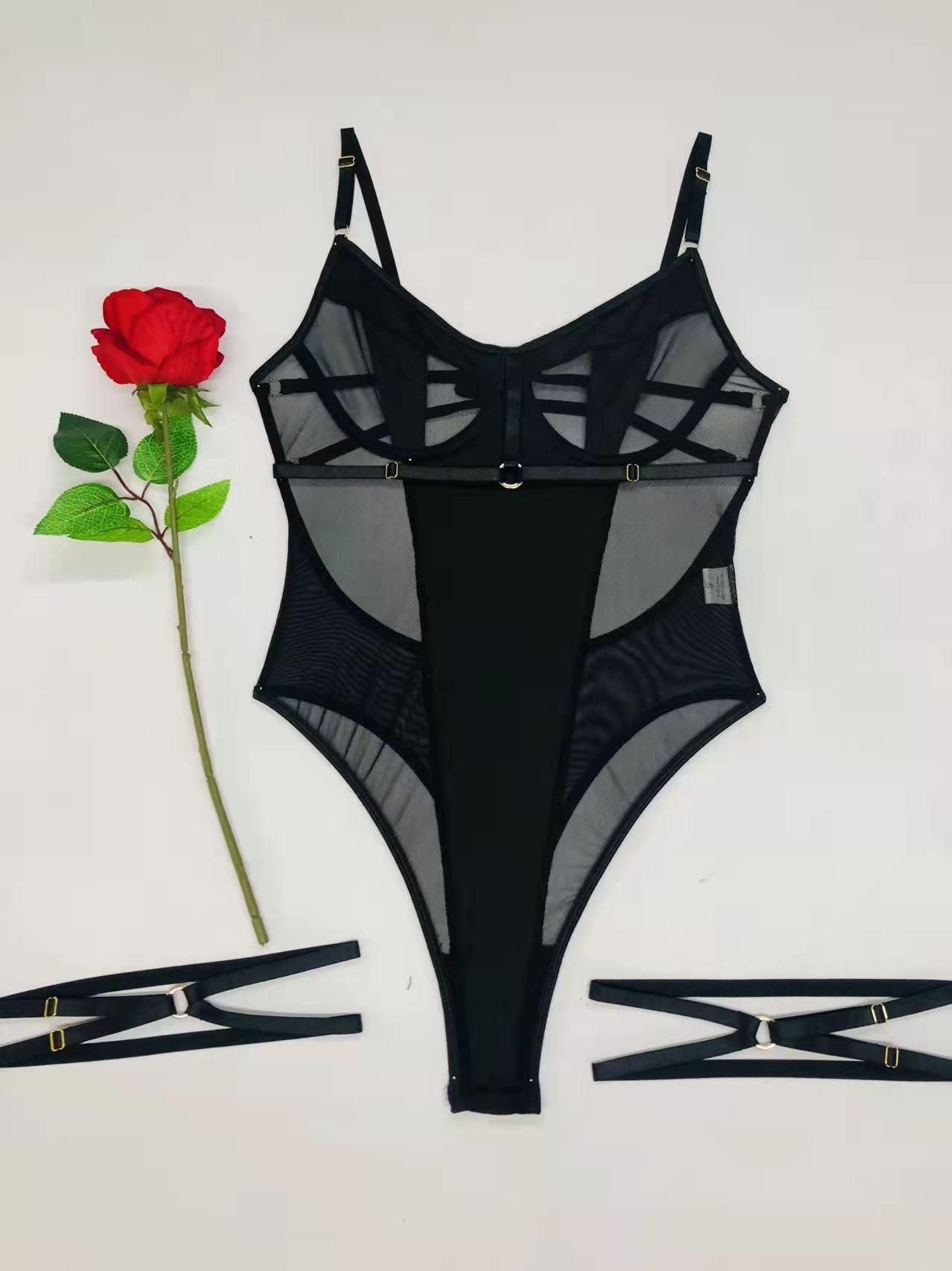 Mesh Stitched Backless Bodysuit - Sleeveless Cutout Design - ForVanity teddy, women's lingerie Teddy