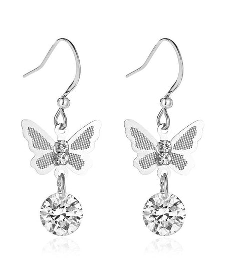 Silver butterfly drop earring with faceted crystal