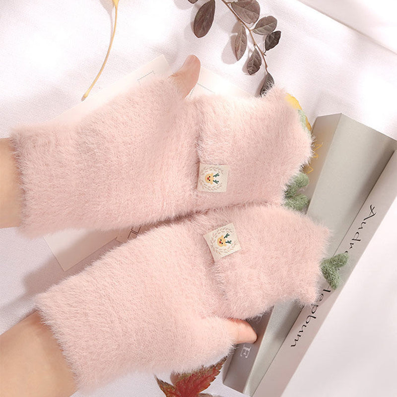 Plush Half-Finger Gloves for Ladies