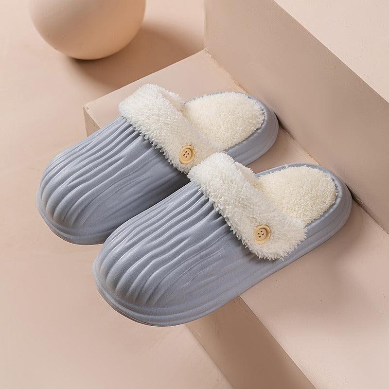 New Detachable House Slippers Winter Warm Waterproof Removable Fluffy Slippers With Button Design Non-slip Plush Shoes For Women Men - ForVanity SLIPPERS