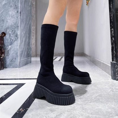 Thick Sole Long Boots Solid Color New Fashion Trendy Fly-woven Elastic Shoes Women's Winter FootwearHigh Boots
