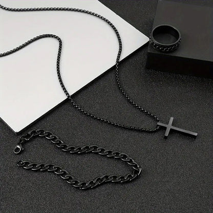 Men's Cross Necklace, Ring, and Bracelet Set