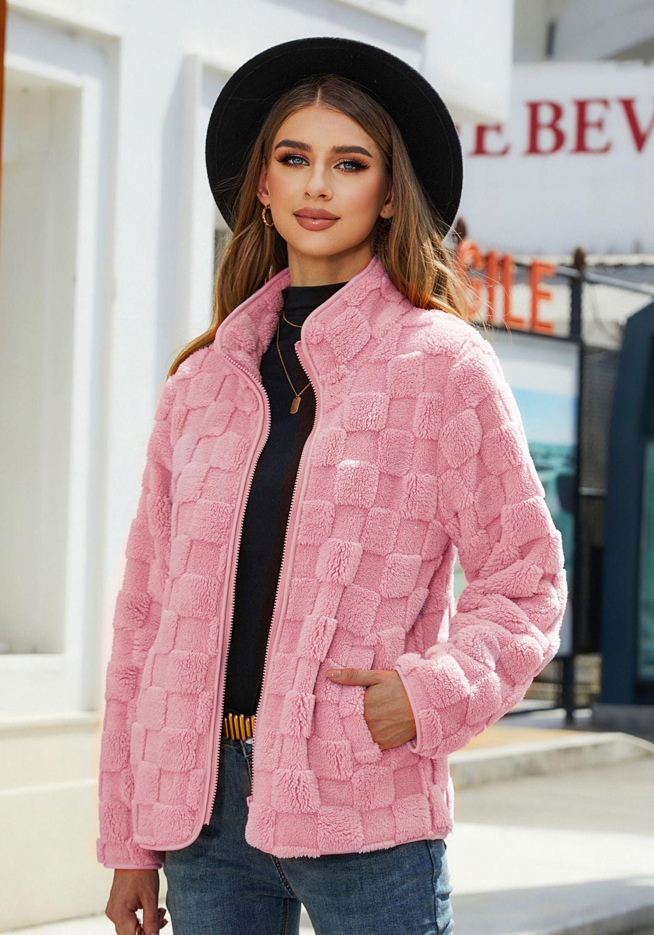 Stand-up Collar Plush Jacket Winter Long-sleeved Loose Zipper Cardigan Fashion Solid Color Checkerboard Design Coat Women Outwear - ForVanity Jacket