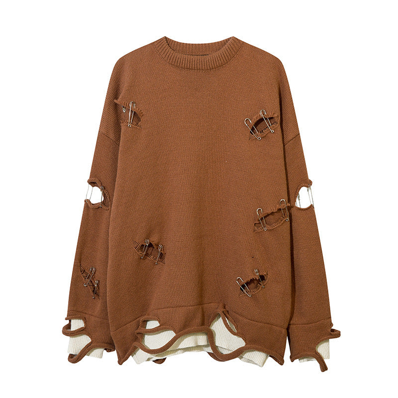 Men’s Ripped Hollow-Out Decorative Pin Knitwear - High Street Style