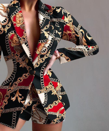 Women’s Animal Print & Baroque Slim Short Pants Set - Elegant Office Style - ForVanity pant suit, women's clothing, women's outfits, women's suits Pant Suits