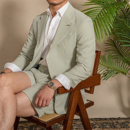 Apricot & Light Green Striped Seersucker Slim - Fit Blazer - ForVanity