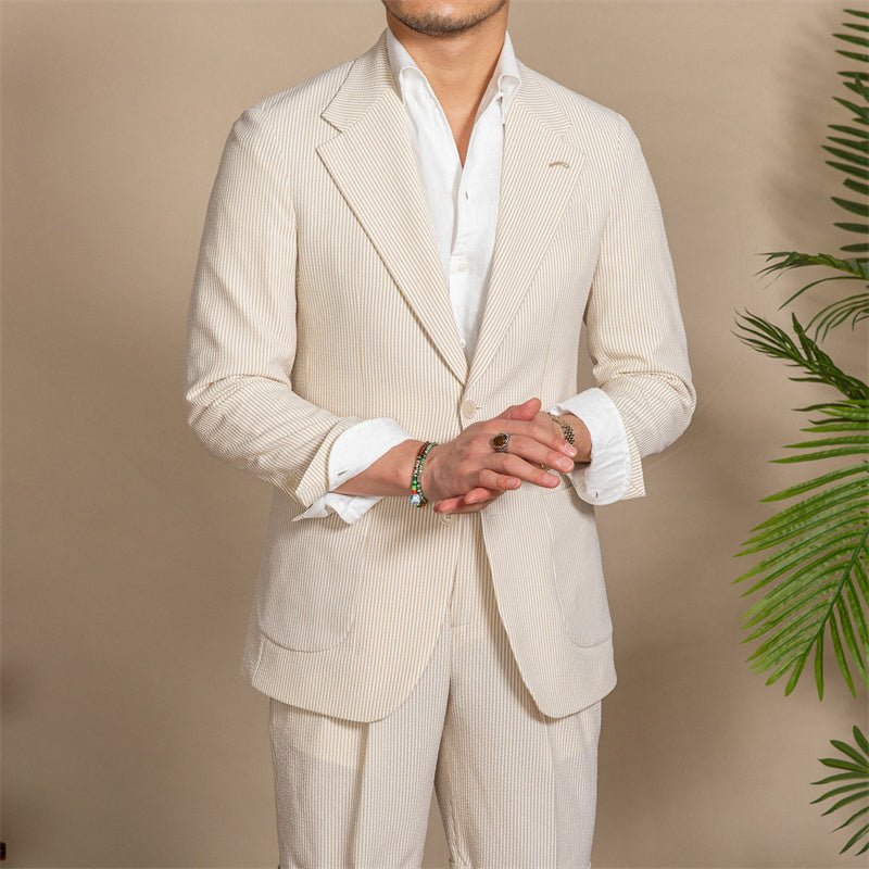 Apricot & Light Green Striped Seersucker Slim - Fit Blazer - ForVanity