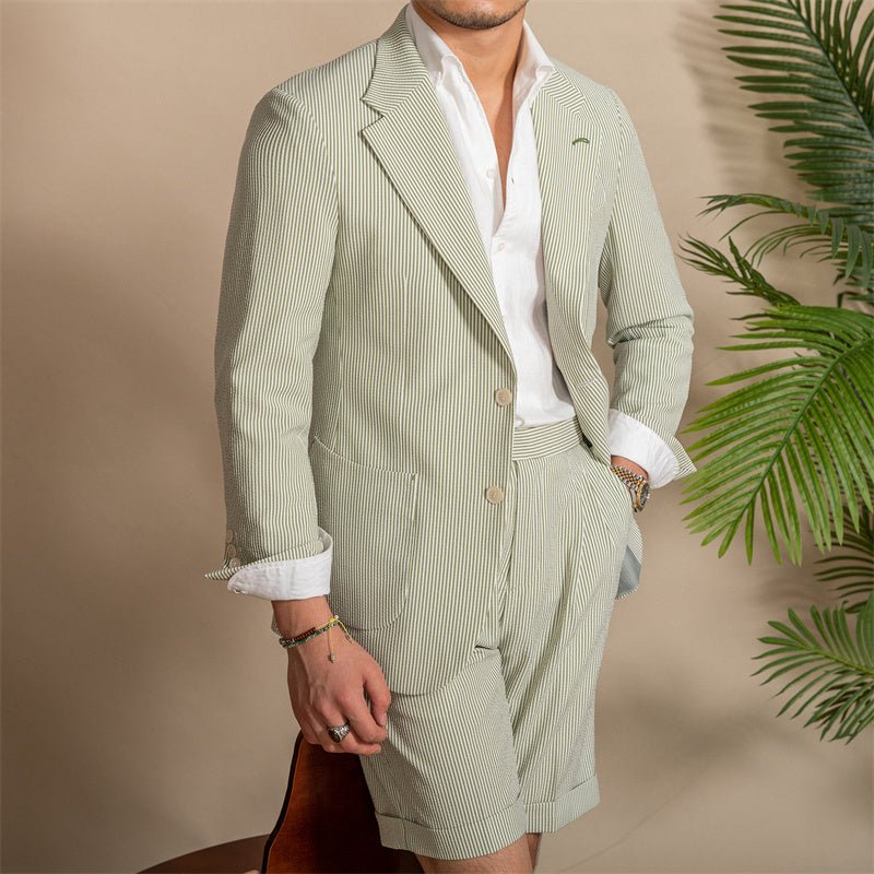 Apricot & Light Green Striped Seersucker Slim - Fit Blazer - ForVanity