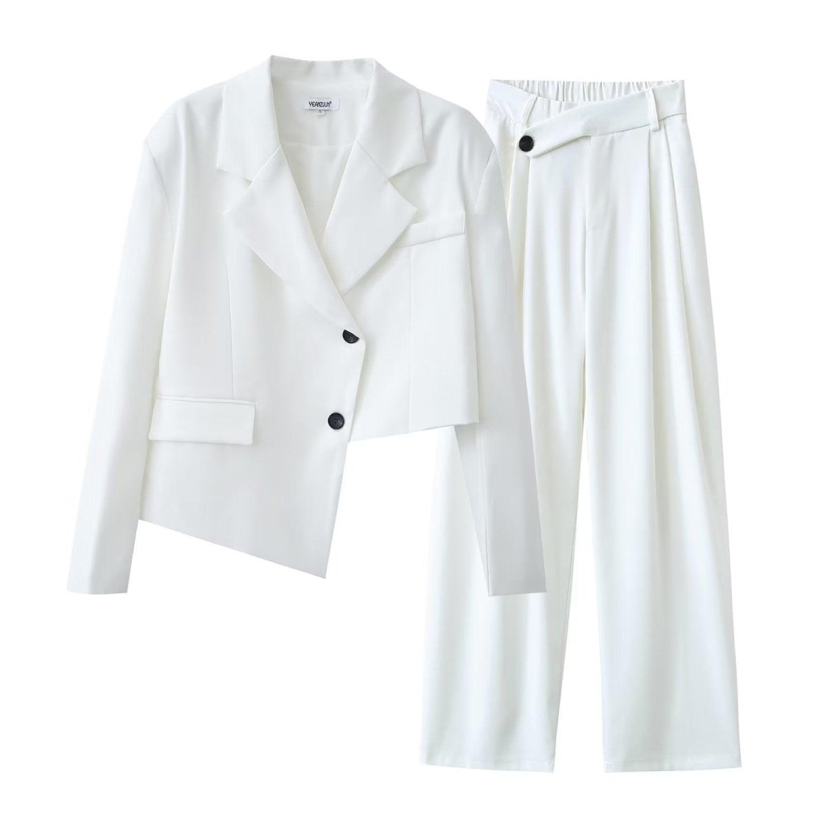 Asymmetric Short Blazer & High Waist Wide Leg Pants Suit - ForVanity